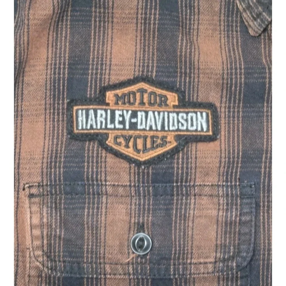 Harley-Davidson Men's Plaid Button-Up Shirt Brown Short Sleeve Embroidered Back